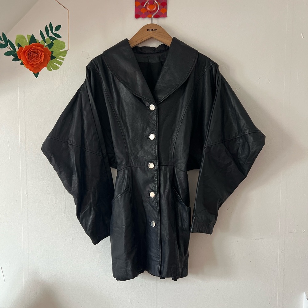 MINT VTG 80s black leather batwing jacket sz 2-4 gorgeous genuine leather